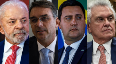 O presidente Lula (PT), o senador Flávio Bolsonaro (PL) e os governadores Ratinho Jr (PSD) e Ron...