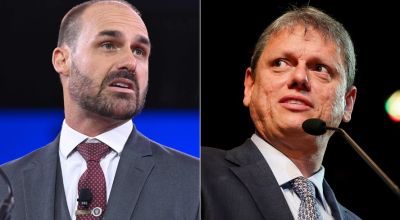 O deputado federal licenciado Eduardo Bolsonaro (PL-SP) e o governador de São Paulo, Tarcísio d...