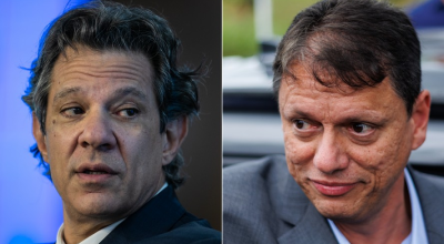 Fernando Haddad (PT), à esq., e Tarcísio de Freitas (Republicanos) iniciaram a campanha no ABC ...