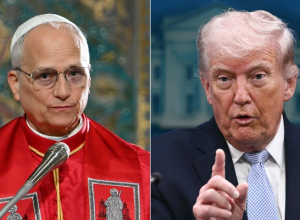 Papa Leão XIV, à esquerda, e o presidente dos EUA, Donald Trump, à direita — Foto: ALBERTO P...