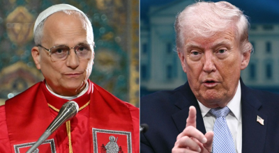 Papa Leão XIV, à esquerda, e o presidente dos EUA, Donald Trump, à direita — Foto: ALBERTO P...
