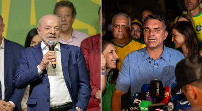 Lula e Flávio Bolsonaro após apuração dos votos — Foto: Nelson Almeida e Brenno Carvalho