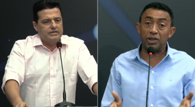 Durante debate promovido pela Band, o candidato do Avente, Gustavo Henrique (à esq.), questionou...