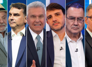 Candidatos a presidente: Lula, Flávio, Caiado, Renan Santos, Cury e Zema — Foto: Montagem de f...