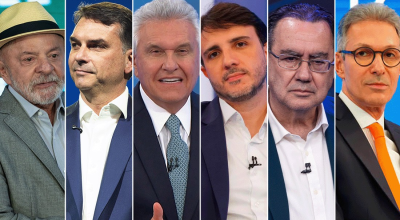 Candidatos a presidente: Lula, Flávio, Caiado, Renan Santos, Cury e Zema — Foto: Montagem de f...